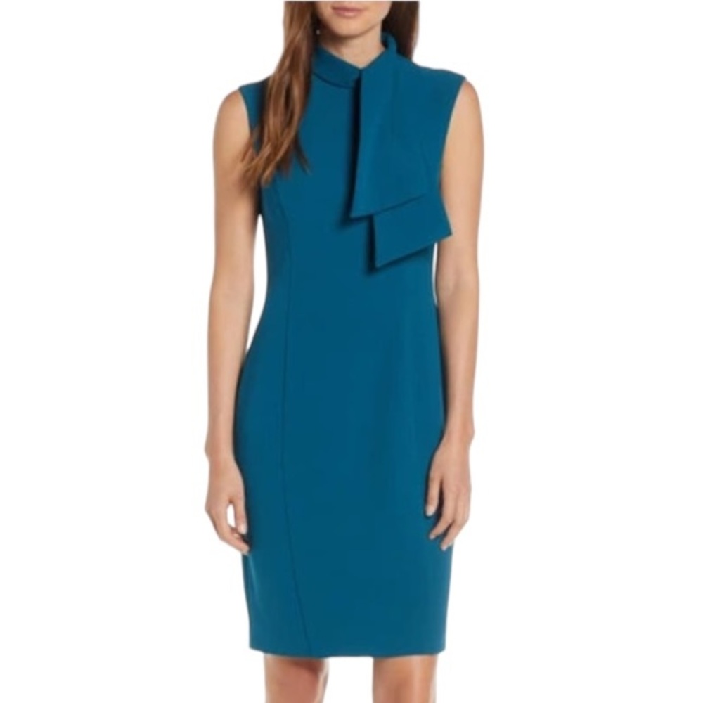 LN Harper Rose Teal Tie Neck Sheath Dress in Peacock - 6